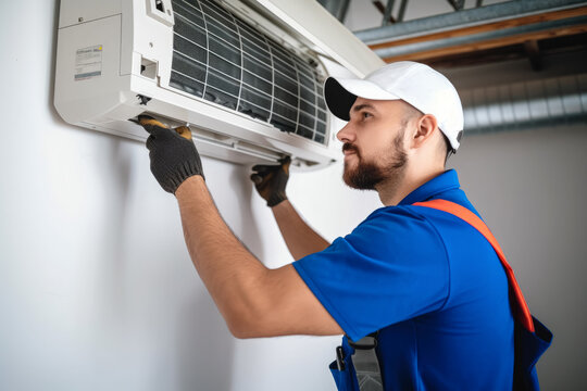 Air conditioning technician servicing a wall-mounted AC unit in Vail, AZ