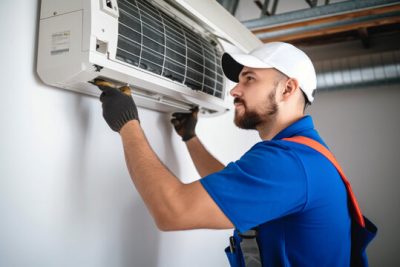 360_F_621046421_Vcay4nYa8ozdeodOQVDfES6MRrC6N3b8 Air conditioning technician servicing a wall-mounted AC unit in Vail, AZ