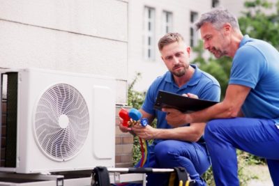 ac-installation-in-claremont-ca HVAC technicians reviewing an outdoor air conditioning unit in Vail, AZ